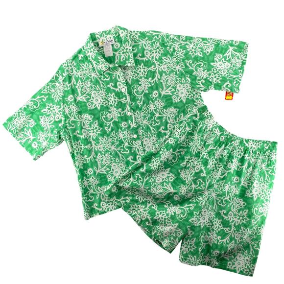 Vtg NOS 80s 90s Two Potato Resort Wear Button Down Shirt + Shorts Set L Green - Picture 1 of 9